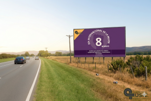 Valla publicitaria panorámica al pie de una carretera convencional en España durante el amanecer. El cartel, de color morado, conmemora el Día Internacional de la Mujer con el mensaje: 'Mujeres que construyen caminos, conservan carreteras y transforman realidades', junto al número 8, un puño en alto y el logotipo de USIC